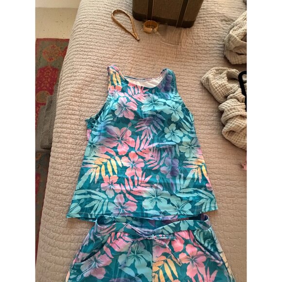 Floral High Neck Wide Straps Tankini Set With Shorts Size Large Blue Pink NWOT - Picture 3 of 14